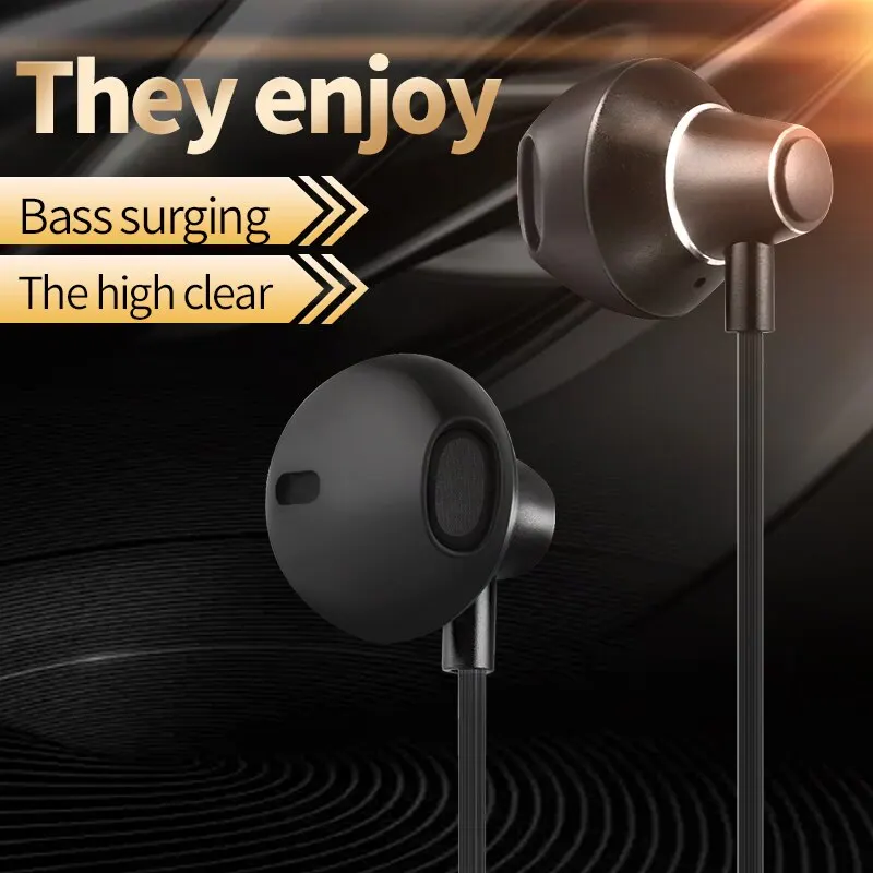 S903 Metal Flat Ear Bass Stereo Line Control Phone With Microphone Black Earphones