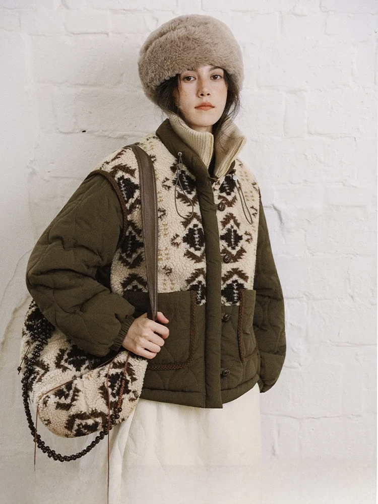 

Lovers' Song Diamond Pattern Lamb Fur Splicing Contrast Color Cotton Jaet Brie Field Color Nordic Art Long Sve Coat