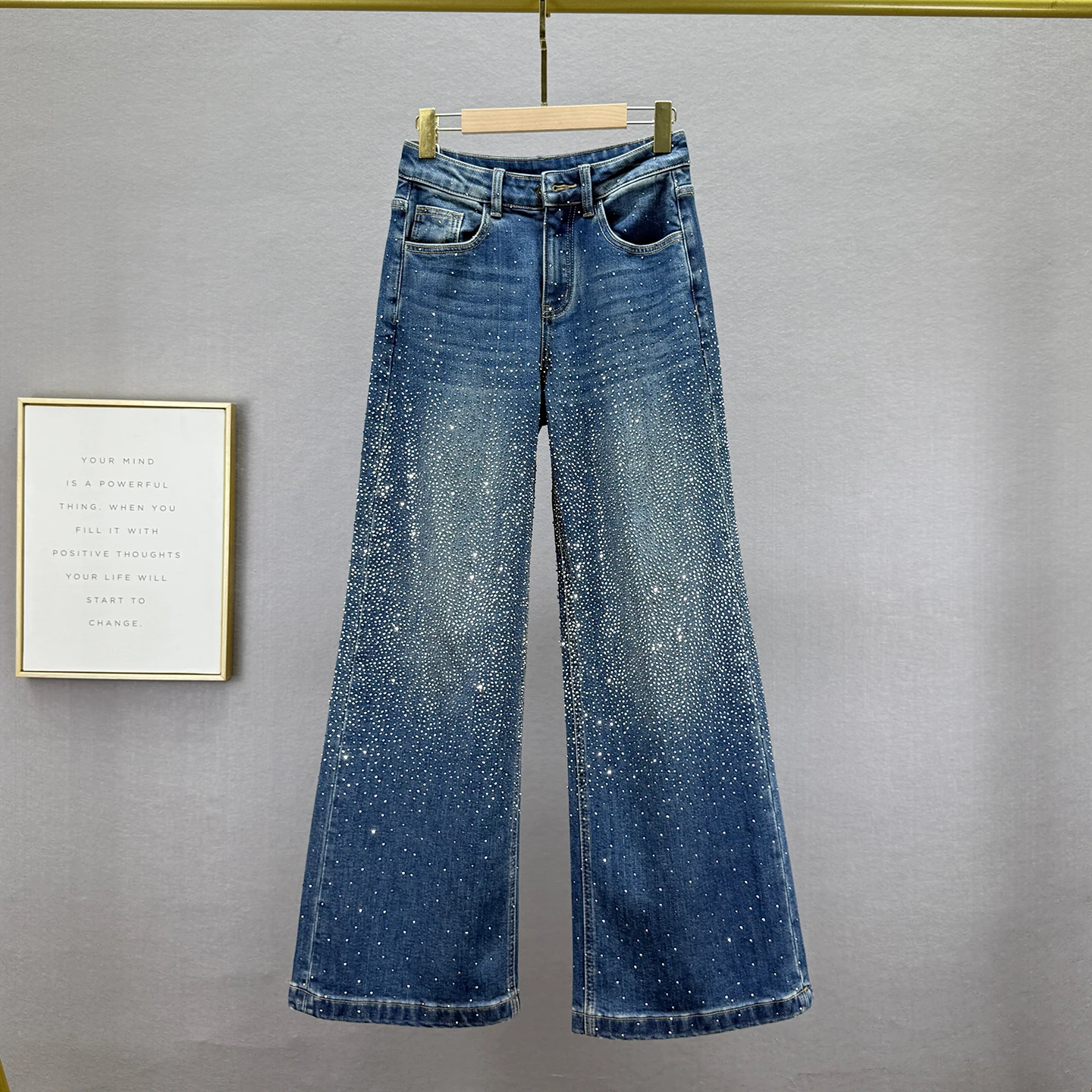 

Fleece-Lined Jeans for Women, 2025 Winter New High-Waisted Slimming European Starry Sky Rhinestone Wide-Leg Floor-Length Pants