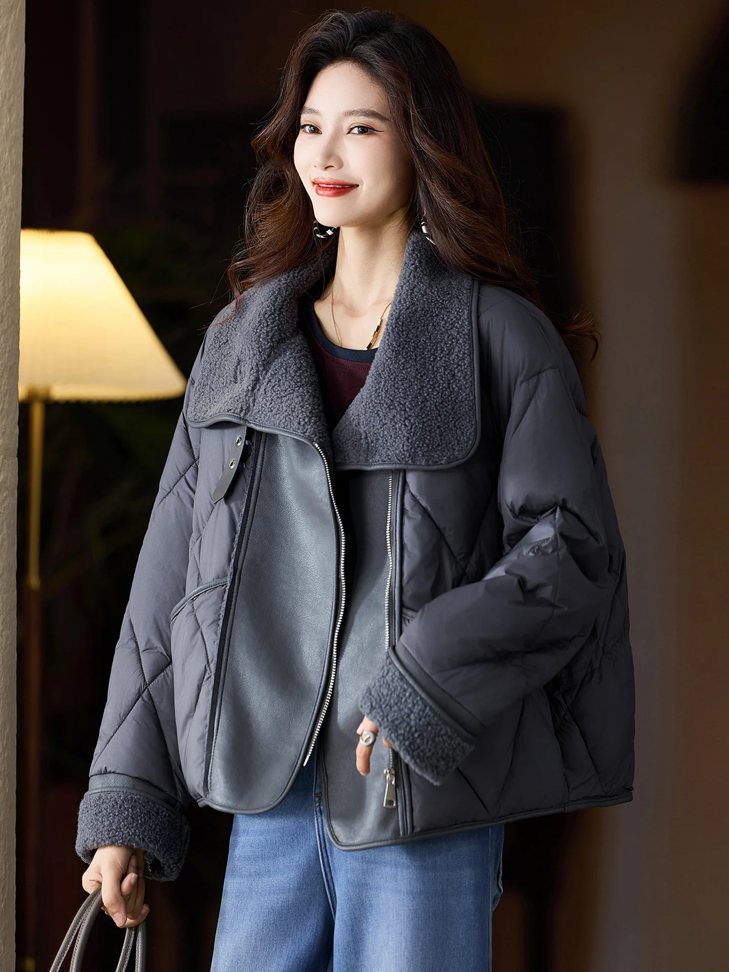 

Thiened Cotton Jaet Women's Winter Warm Outerwear Collar Splicing Large Size European Goods Street Sle Pure Color Zipper