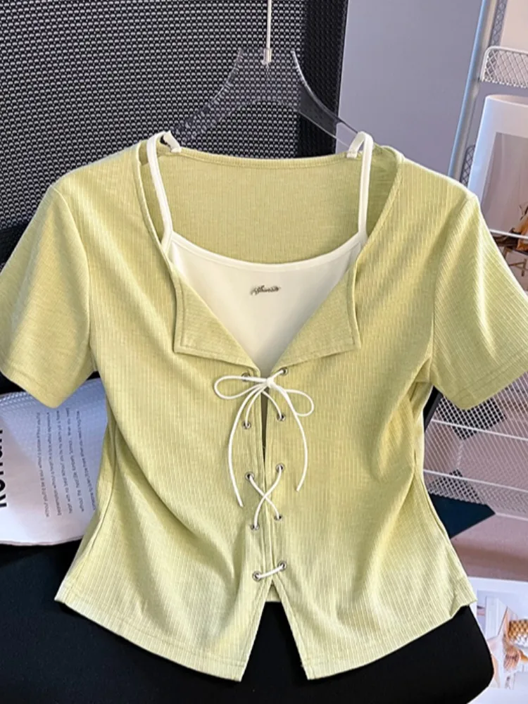 

Design Sensation Fake Two-Piece ort Sve T-irt Women's 2025 New Summer Slim Fit ort Pure Desire Trendy Top