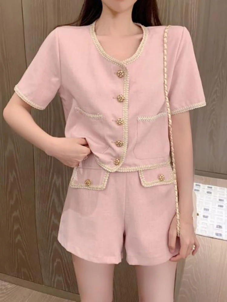 

2023 Summer Women's Shorts Suit Korean Chic and Elegant Short Top Jacket Luxury High-waist Thin Shorts 2 Piece Sets Women Outfit