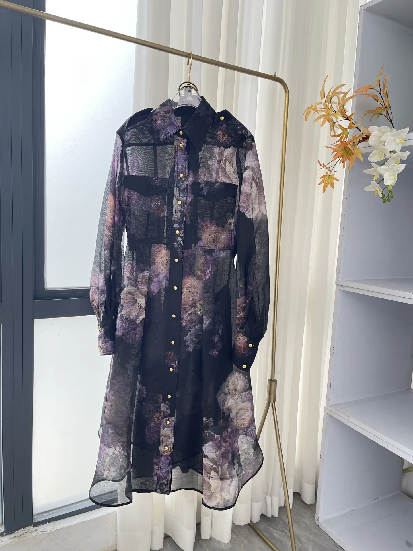 

2025 New Fashion Black Flowers Print Long Sleeve Midi Dress