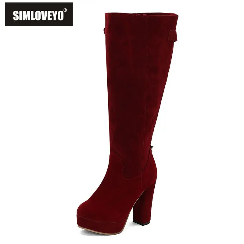 

SIMLOVEYO 2025 Женские сапоги до колена с круглым носком и блочным каблуком 11 см, платформа 3 см, молния из флока, замша, большой размер 46 47 48 Dating Bota