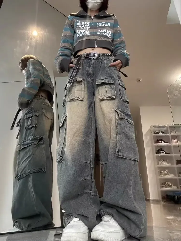 American style multi pocket design high street workwear jeans for women, washed and worn loose wide leg pants