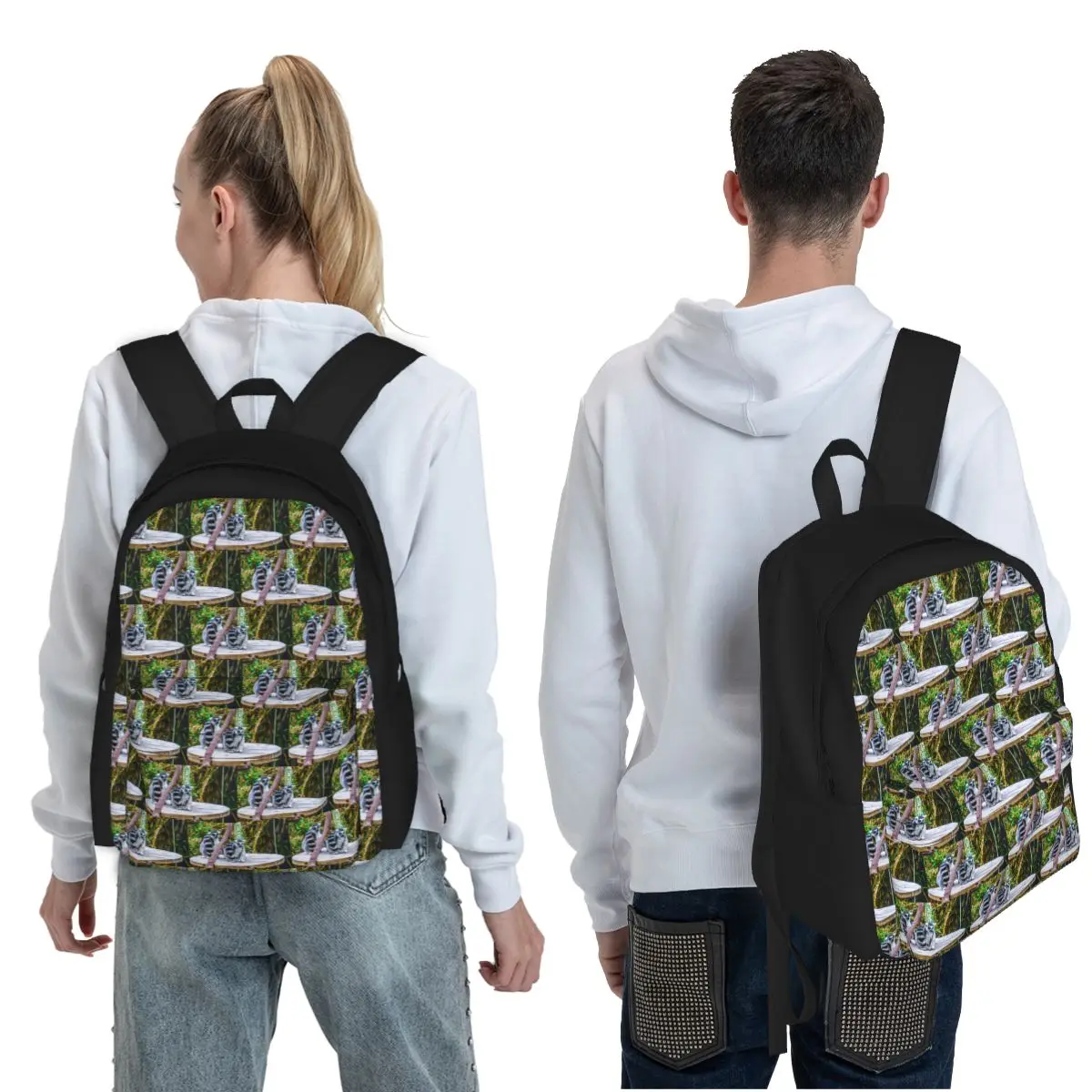 A Pair Of Orange-Eyed Ring-Tailed Lemurs Student Backpack School Bag Hiking Travel Daypack Fashion Bookbag Shoulder Bags