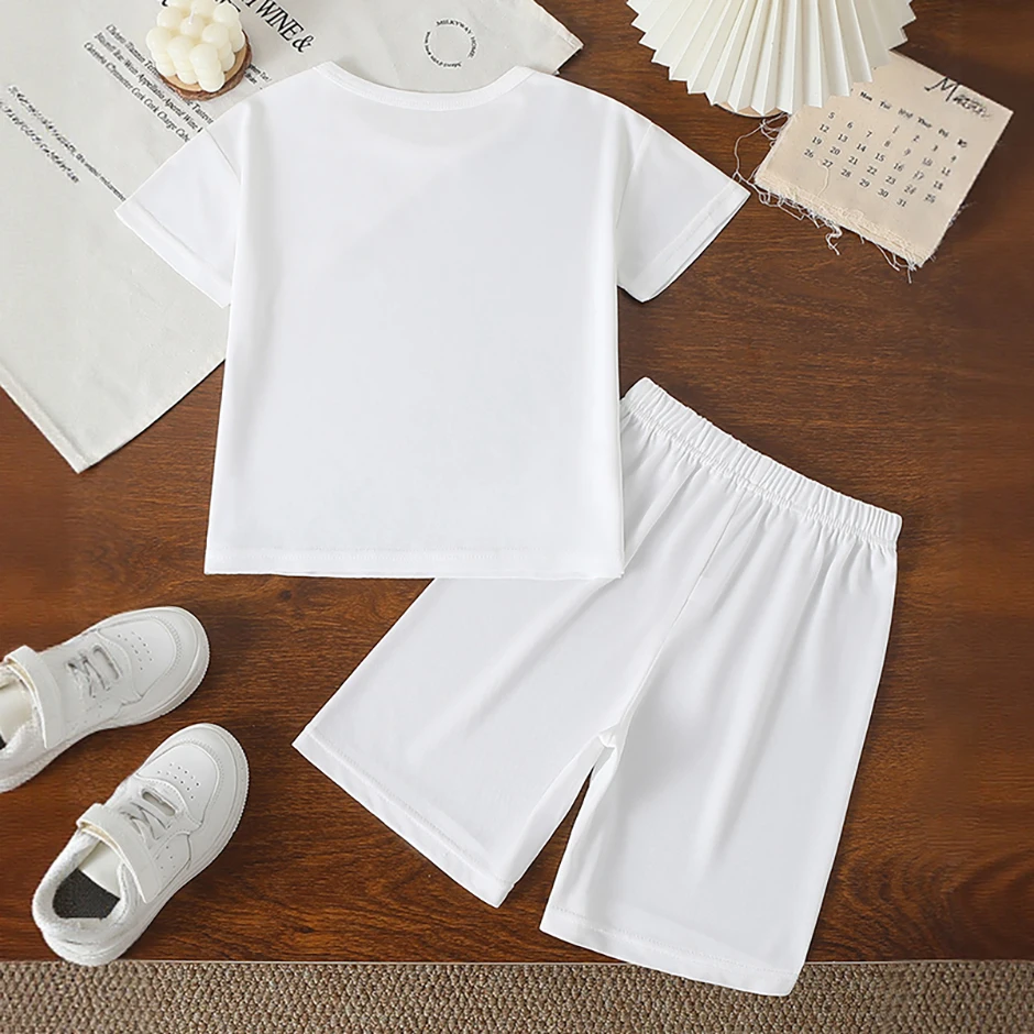 2-teiliges Frühlings-/Sommer-Kinderset mit mehrfarbigem, schnell trocknendem Sport-Buchstabendruck für Jungen und Mädchen, lässig, kurzärmelig – Detail 12
