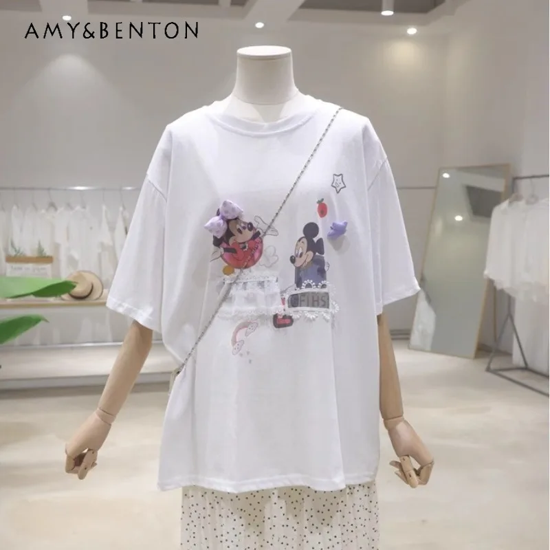 

Lace Splicing Bow Pendant Cartoon T-shirt 2025 Summer Loose And Thin Breathable Cotton Short-sleeved Tshirts Women's Y2k Clothes