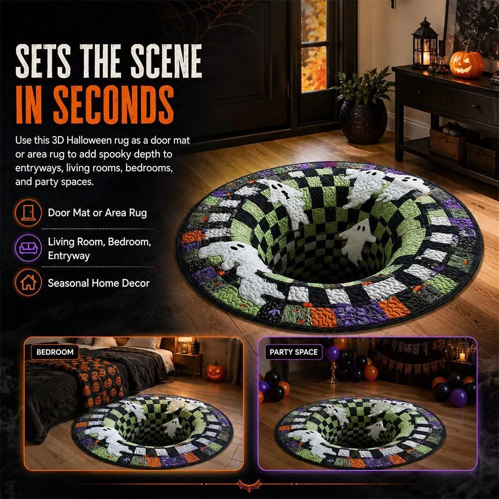 Halloween Spooky-Creepy Party Decor Mat 3D Visual Optical Floor Mat Round Skeleton-Vortex Padded Festive Atmosphere Decoration
