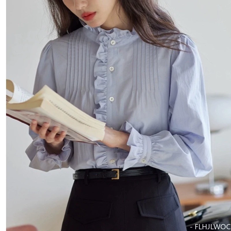 Cotton Chic Korea Cute Blue White Shirt Design Women Japan Girls Sweet Vintage Retro Flare Sleeve Button Ruffles Tops Blouses