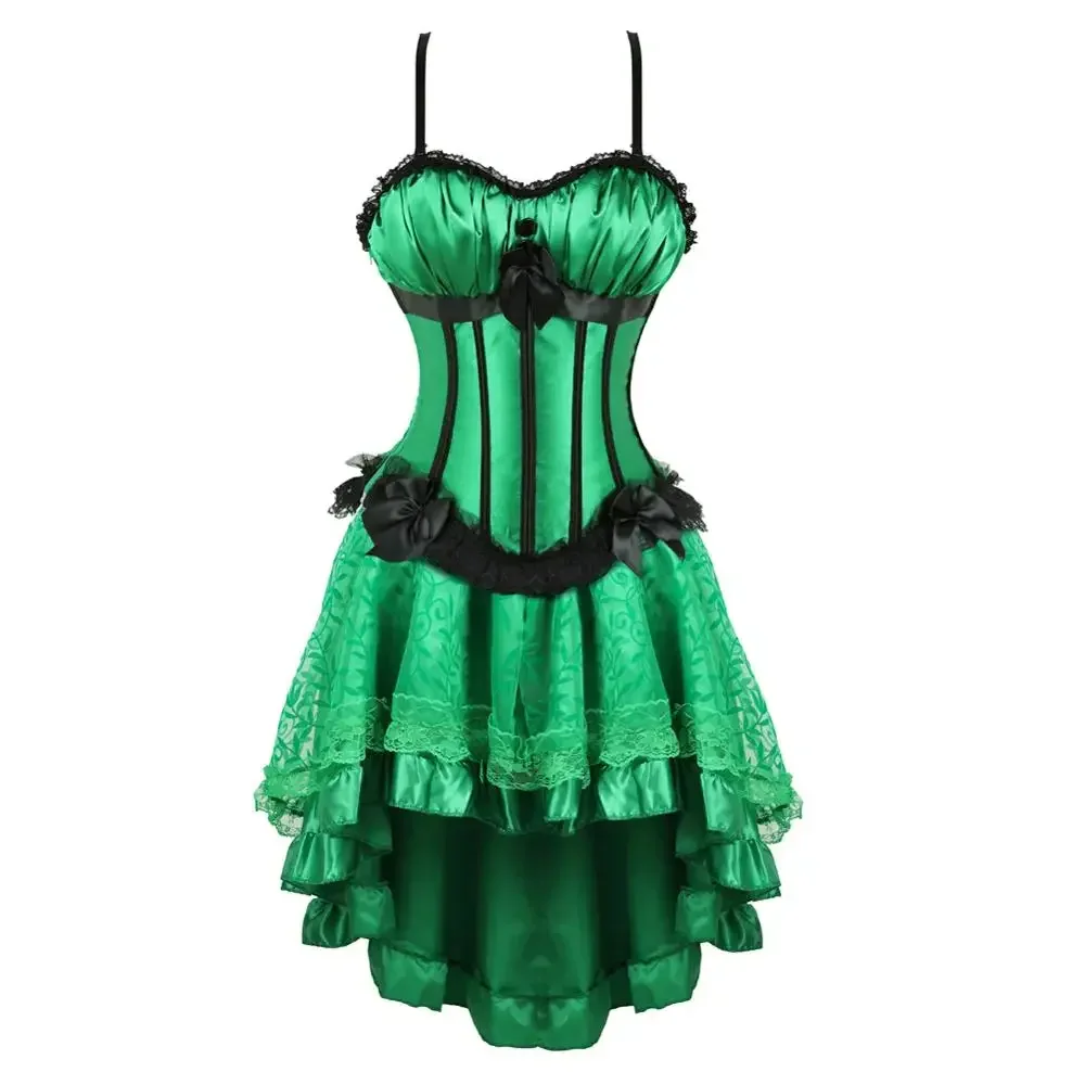 Women Sexy Lace Corset Dress Satin Striped Cup Straps Corset Bustier Top with Asymmentrical Floral Skirt Set Party Costume