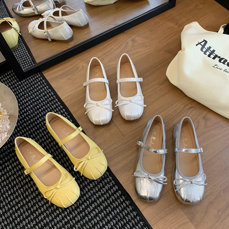 

Новый стиль, женские туфли Мэри Джейн с узлом-бабочкой, женские повседневные неглубокие балетки, элегантные модельные туфли из мягкой кожи, Zapatos Mujer