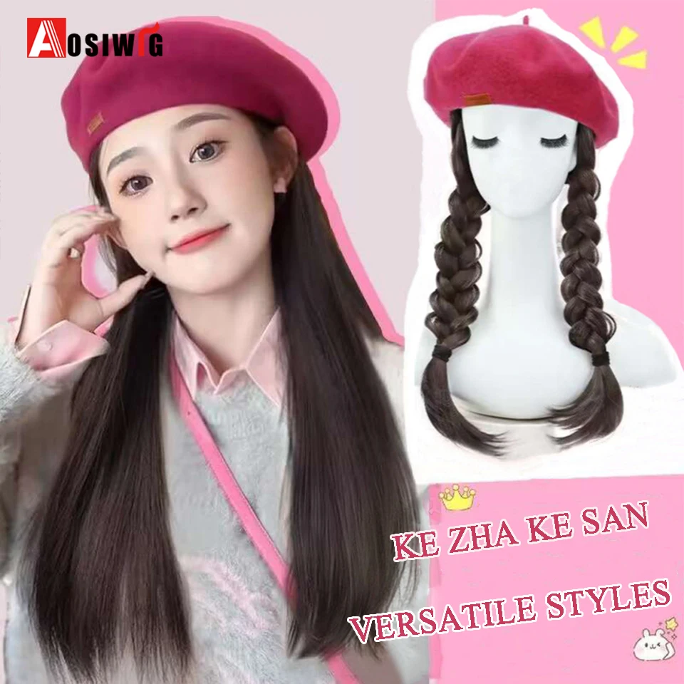 Women\'s Black Beret Wig Synthetic Long Straight Hat Wig Hat Detachable Wig Keeps Warm And Fashionable Hat Wig