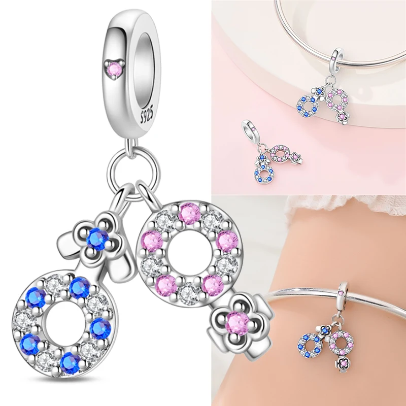 

Couple Symbol Charm 925 Sterling Silver Flower Zircon Inlay Pendant Fit Original Charm Bracelets Women DIY Jewelry Gift