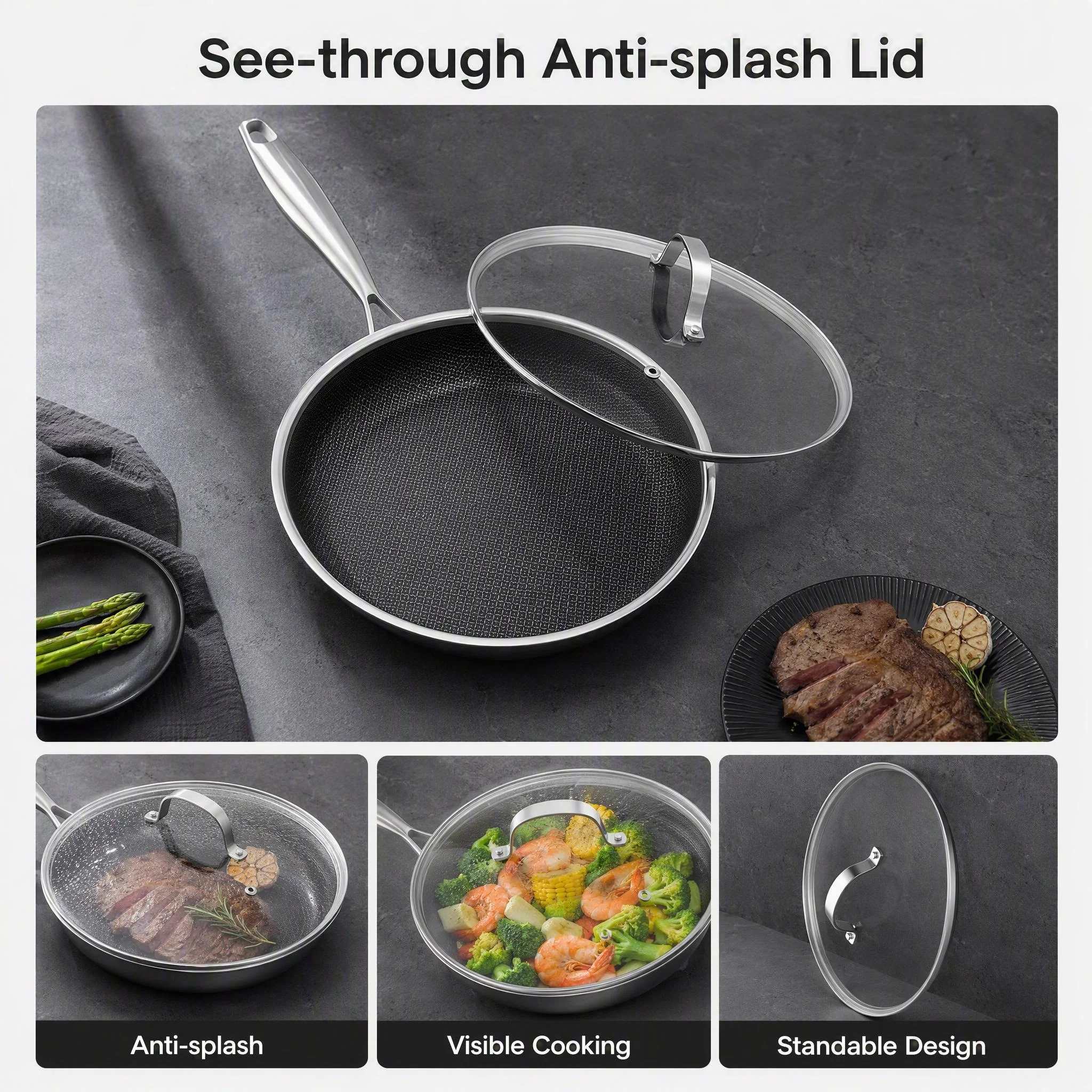 Tri Ply Stainless Steel Frying Pan Non Stick Skillet with Lid 26/28 cm 3 Layer Metal Cookware Induction Compatible Oven Safe PFOA Free Cooking Pan for Kitchen Stovetop Everyday Meal Preparation