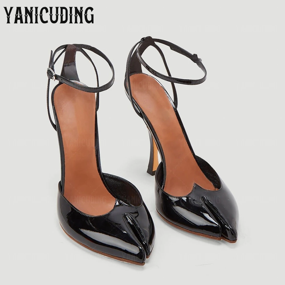 Patent Leather Pointed Cleft Toe Pumps Novelty Designer Style Heart Lobster High Heels Customizable Color Buckle Pumps for Women