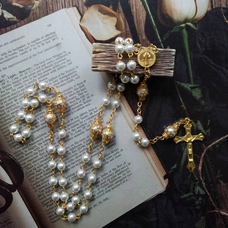 Vintage Pearl Beads Rosary Necklace Jesus Christ Crucifix for Cross Pendant Necklaces for Women Jewelry Charm Prayer Gifts