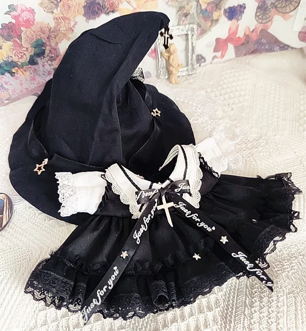 Cotton Doll fit 20cm size new little devil little witch pure black magic hat + mesh lace dress Halloween 2 set doll  clothes