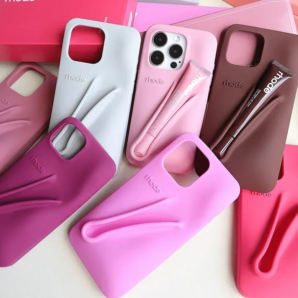 Rhode New 9 Colors Lipstick Silicone DIY Phone Case For iPhone 16 15 14 13 12 11 Pro Max Plus With Lip Gloss Set Back Cover