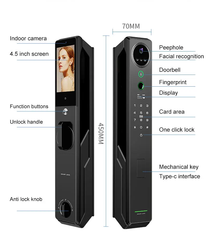 STLF 2 Batteries Intelligent Tuya Real-time Intercom 3d Face Recognition Full Automatic Fingerprint Smart Door Lock