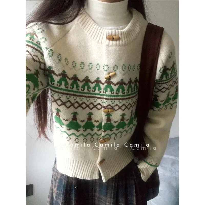Jacquard Weihnachten Gestrickte Pullover Casual Chic Lose Outer Herbst Winter Frauen Mode Einreiher Strickjacke Nette Süße
