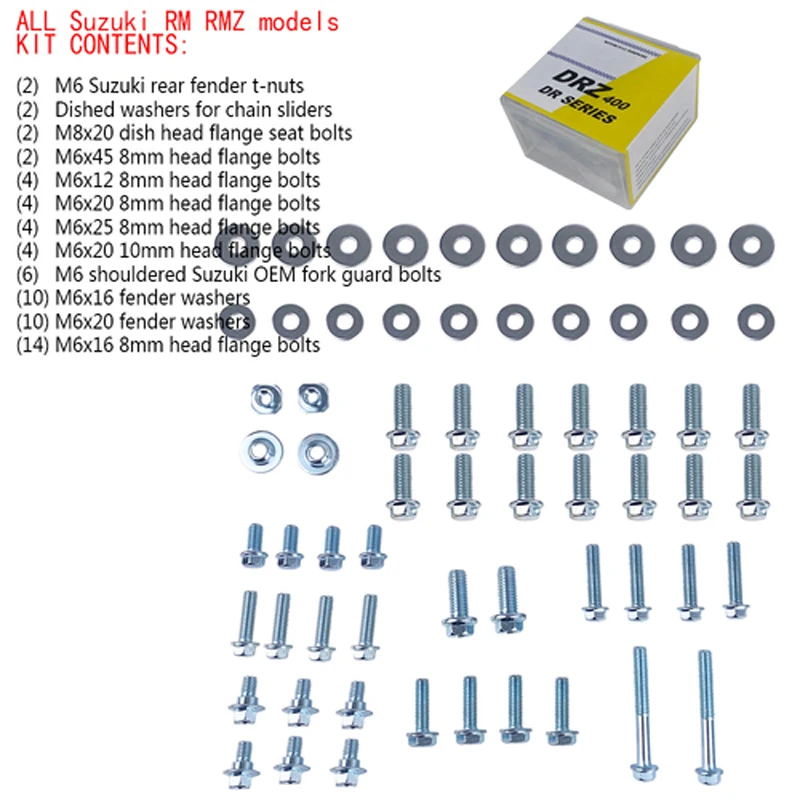 Motorcycle Body Bolt Kit Fender Flange Seat Fork Guard T-Nuts Washers Screws For Suzuki DR DRZ 400 400E 400S 400SM RM DRZ400SM