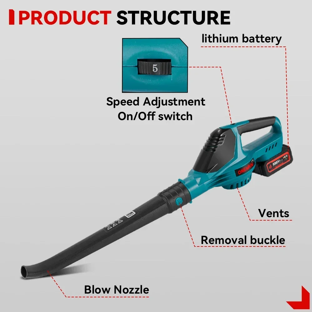ONEVAN 5500W Brushless Electric Air Blower Handheld 5 Speeds Cordless Leaf Dust Snow Blowing Power Tool For Makita 18V Battery