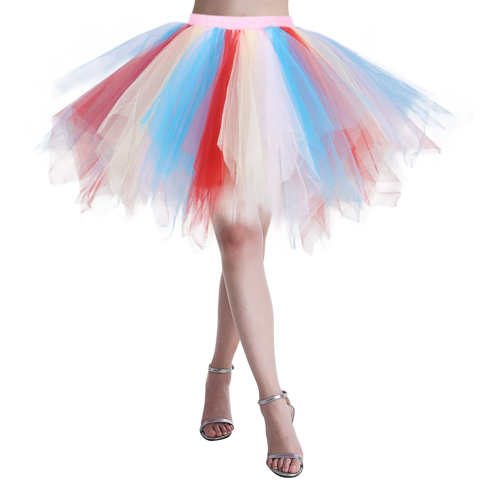 สั้นMulticolorผู้หญิงLolita Petticoat Tutu Puffy CancanกระโปรงGradient Rampภายใต้Crinolineด้านในคึกคักคอสเพลย์สําหรับงานแต่งงาน