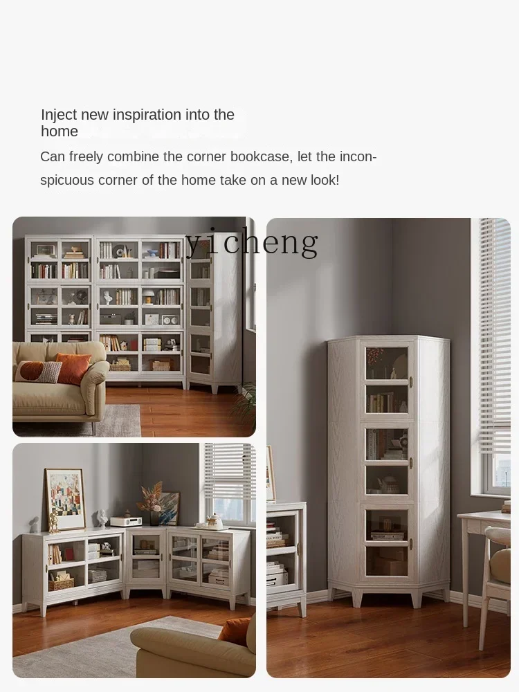 solid wood corner bookcase floor-to-ceiling household triangular shelf with glass door corner cabinet