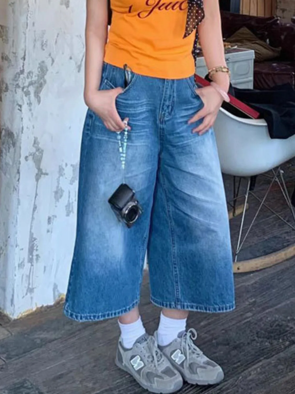 Women Vintage Wash Wide Leg Cropped Jeans High Waist Denim Capris Y2K Streetwear