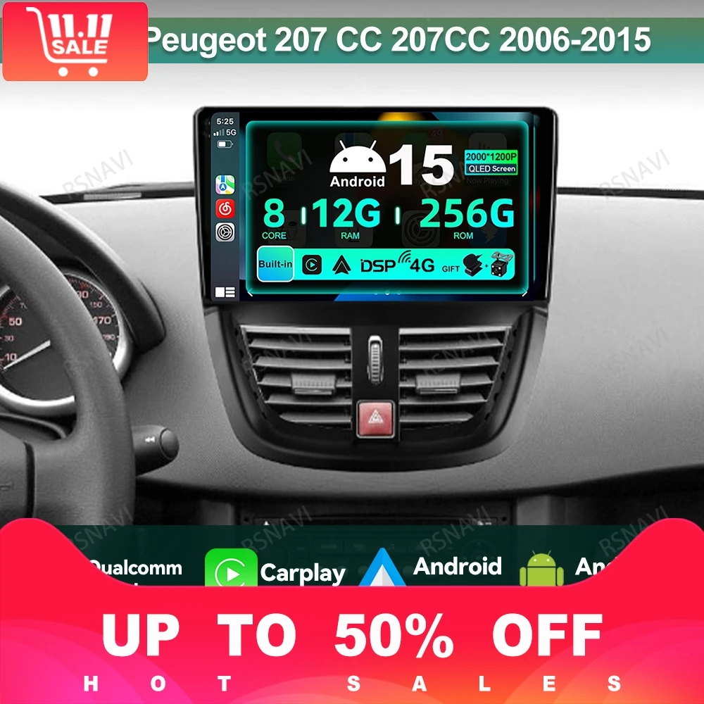 

Car Radio Android 15 For Peugeot 207 CC 207CC 2006-2015 QLED Autoradio GPS 5G WIFI Multimedia BT Wireless Carplay Auto Head Unit