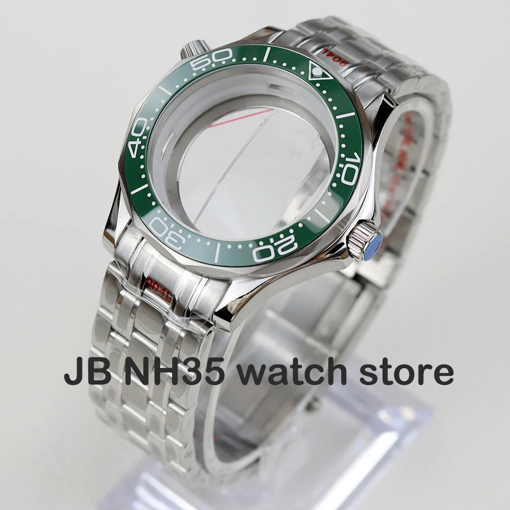 41MM silver nh35 case and strap for seamaster 300 mod nh35 nh36 movement 31mm dial diver watch case Stainless Steel Watch Parts