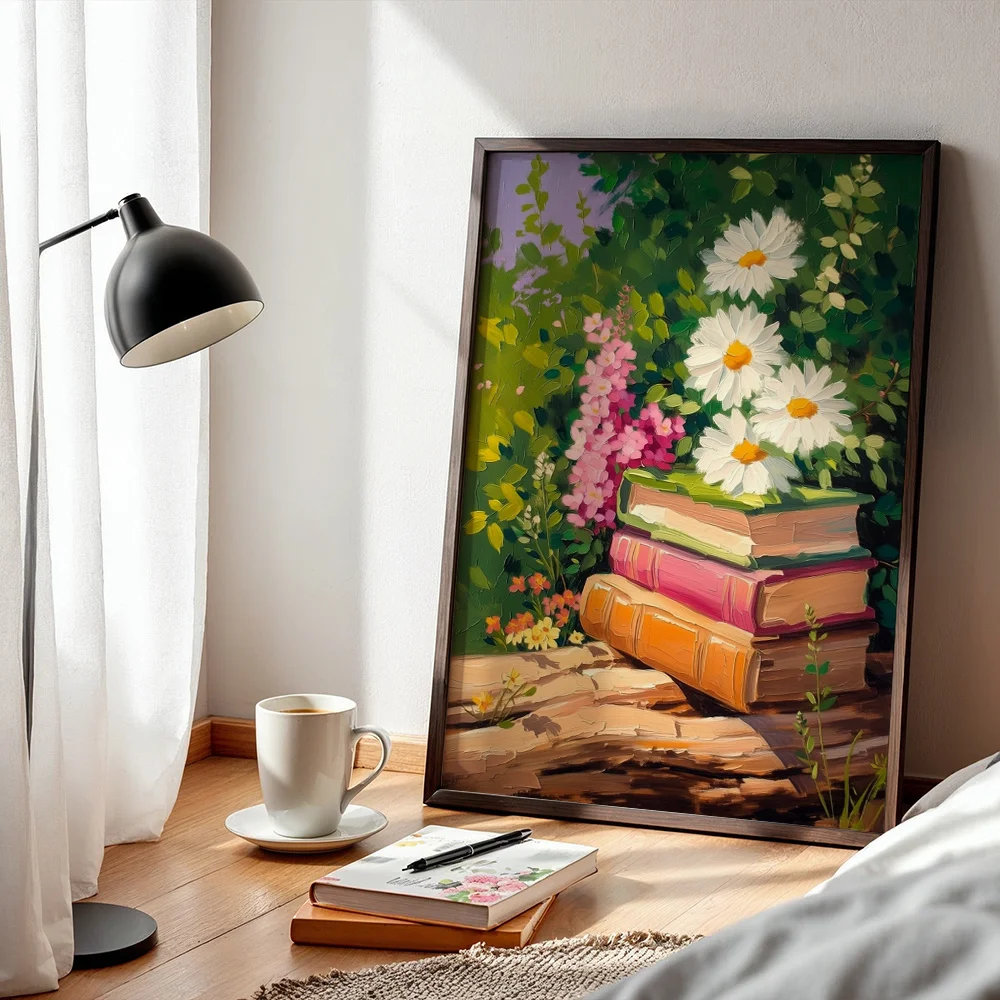 Oil Painting Books Daisies Wild Flowers Canvas Poster,2D Print Wall Decor,Aesthetic Home Gift
