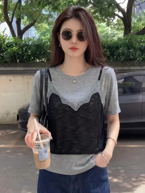 

Lace Sleeveless T-Shirt Women's Bamboo Cotton Short Sleeve round Neck Casual Summer New Style plus Size Fake Two-Piece Top