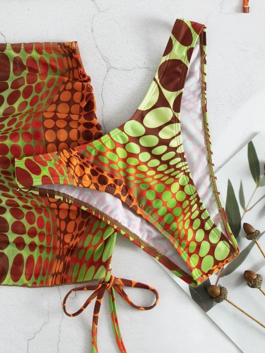 Sexy Halter  3 Pieces Bikini Set 2024 Dot Printed Swimwear Triangle Bikinis Cover Up Swimsuit With Tape Beach Skirt Swimwear