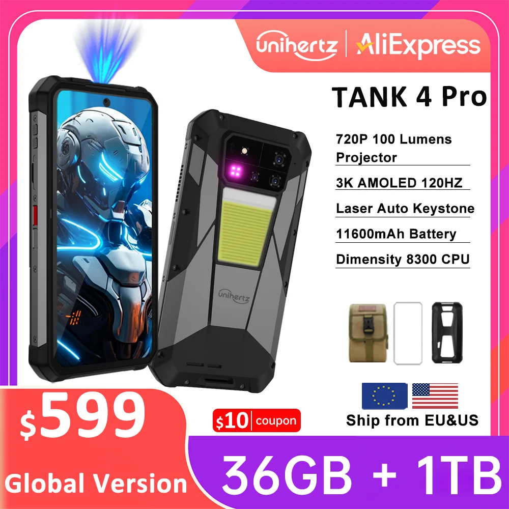 Unihertz 8849 Tank 4 Pro 5G Projector Smartphone 36GB 1TB Dimensity 8300 Android 14 Phone 11600mAh 720P Projector 100 Lumens