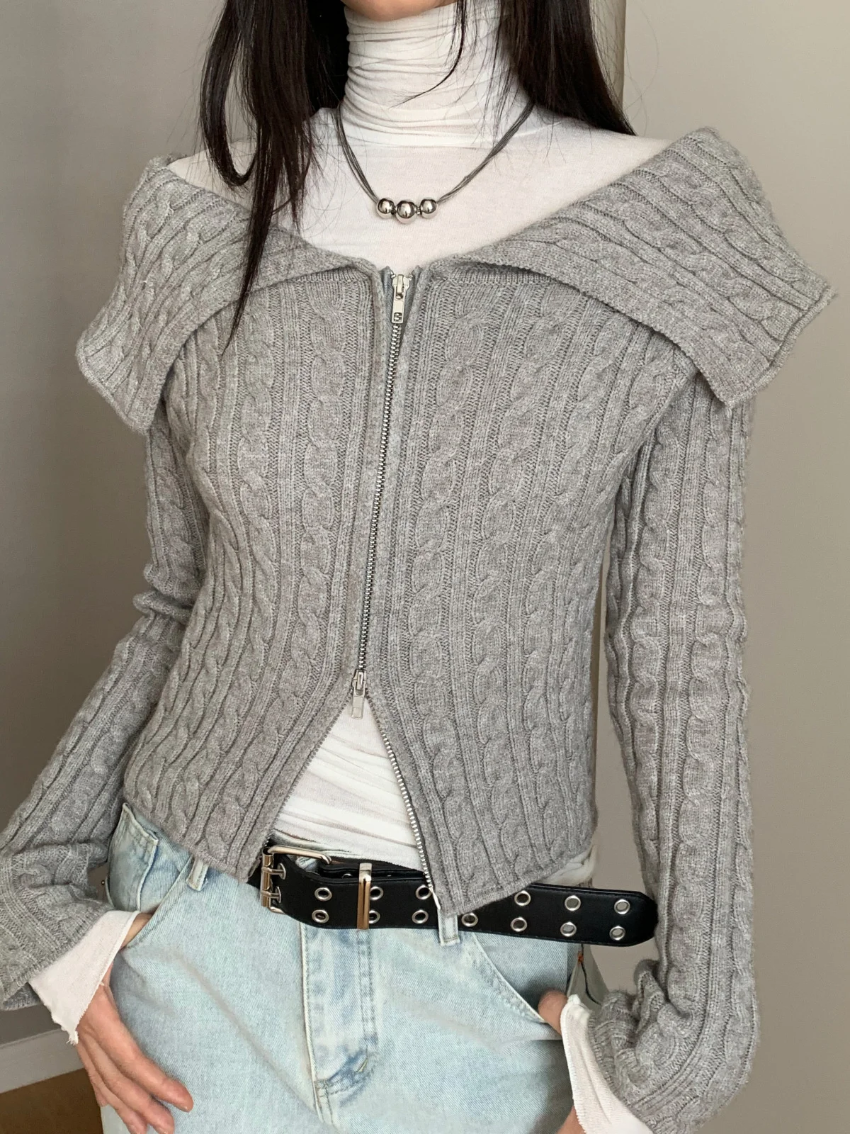 CTRLLOCK Chic Solid Color Slash Neck Off Shoulder Knitted Cardigan Slim Women Long Sleeve Zipper Open Stitch