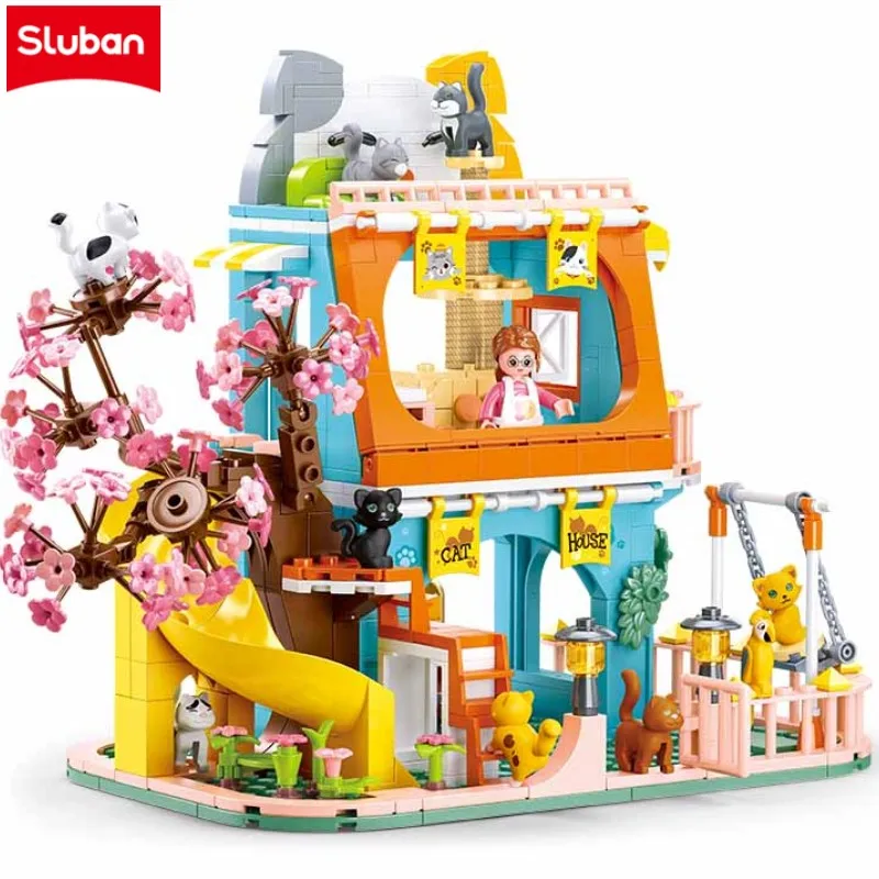 Luban Cat Hotel Sakura Villa Blocs de construction Maison pour animaux mignonne Jouet DIY pour fille