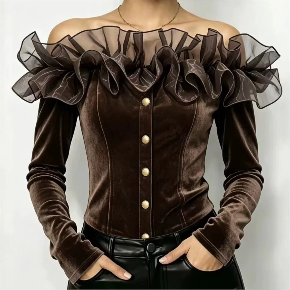 Fall Fashion Flowered Collar Sexy V-neck Women's Shirt Slimming Shaping The Waist Single Row Button Female Versatile Vacationtop