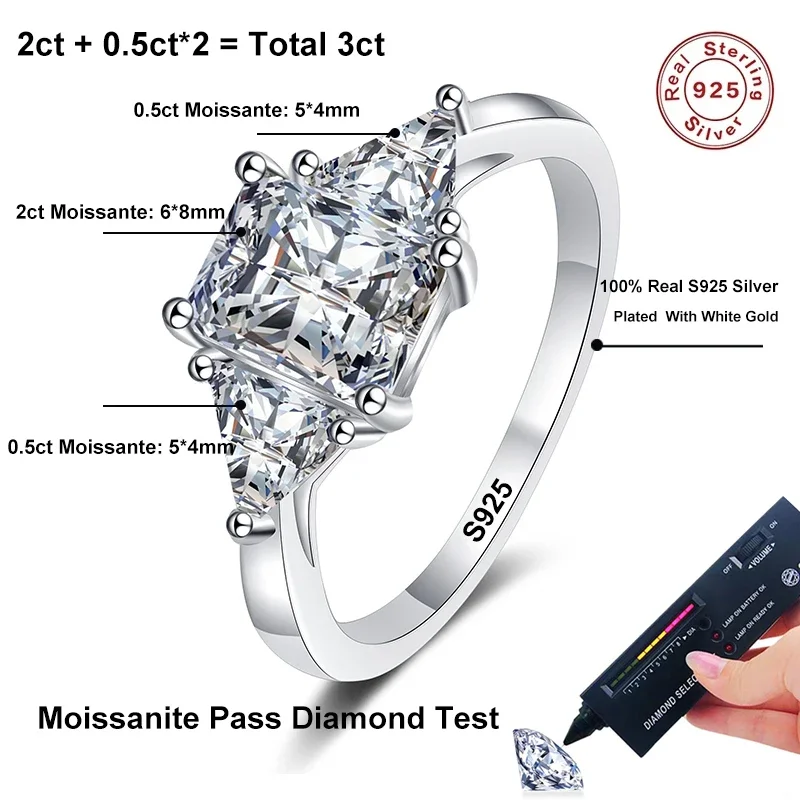 NeeTim Emerald Cut 3ct Full Moissante Wedding Rings for Women Lab Grown Diamond Promise Band Plated Platinum Marriage Rings GRA