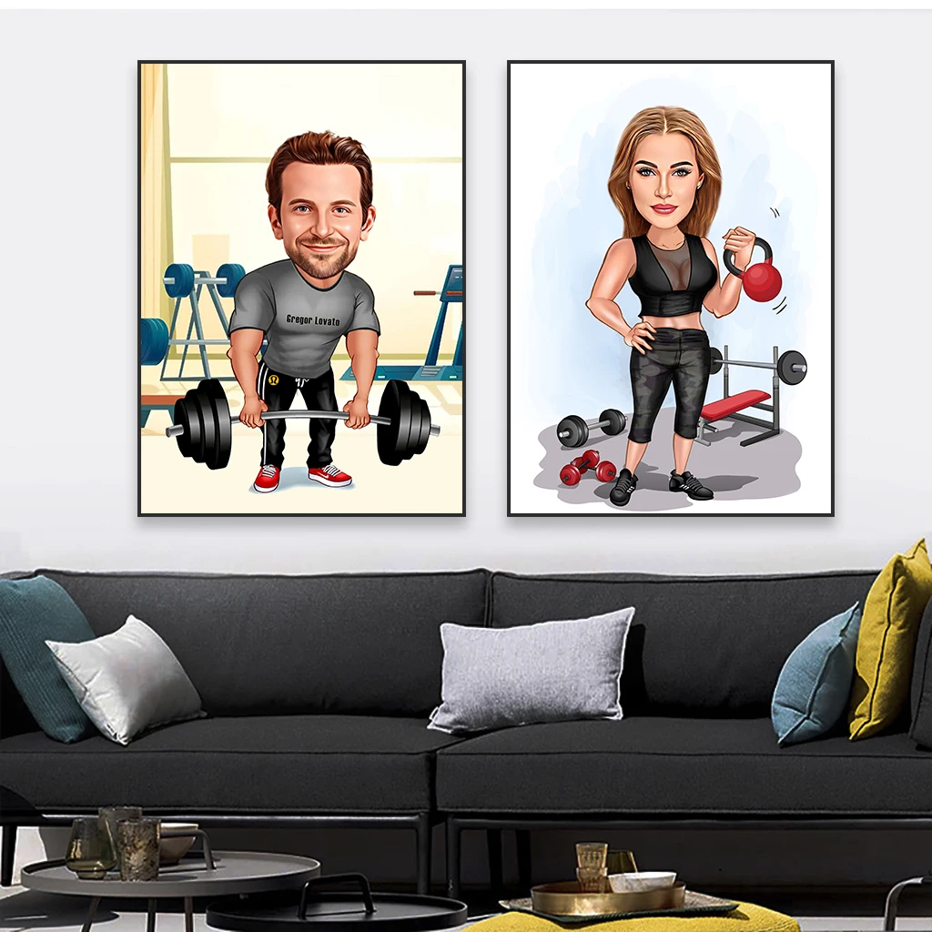 Custom Cartoon Poster Bodybuilder Sportsman Fitness Poster  Cartoon Portrait Canvas Painting Barbell Weightlifting Home Decor