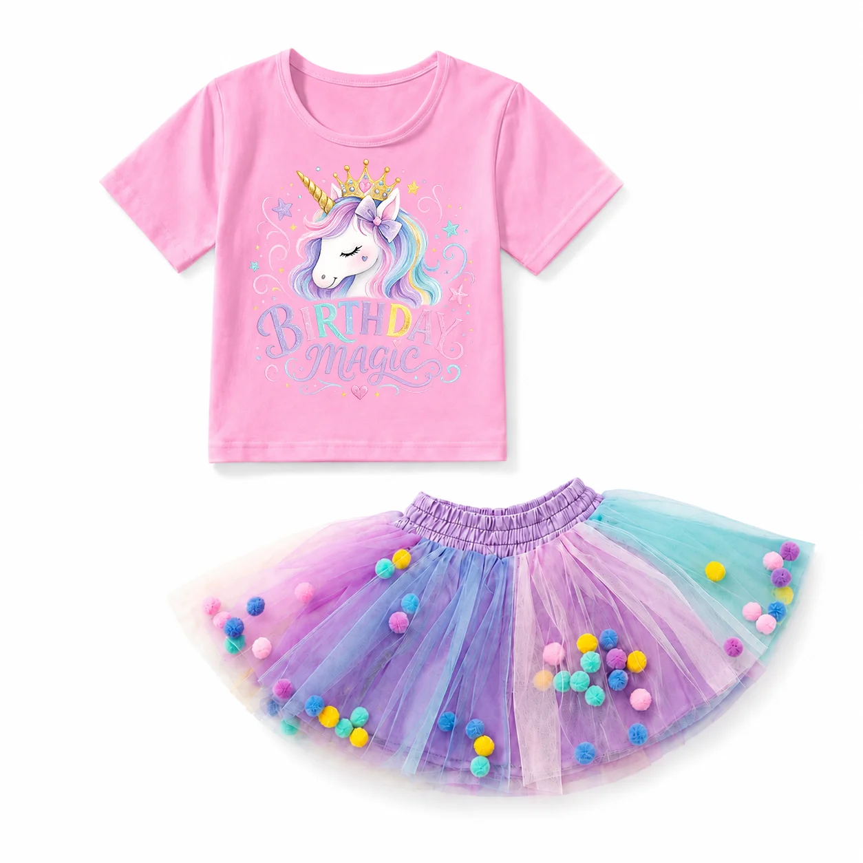 Girls Unicorn Birthday Magic 2Pcs Outfit Set Pink Short Sleeve T-Shirt Rainbow Pom Pom Tulle Tutu Skirt Toddler Princess Birthda