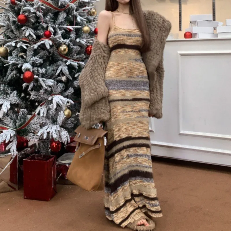 

Earth Color Striped Suspender Dress Autumn and Winter Dress