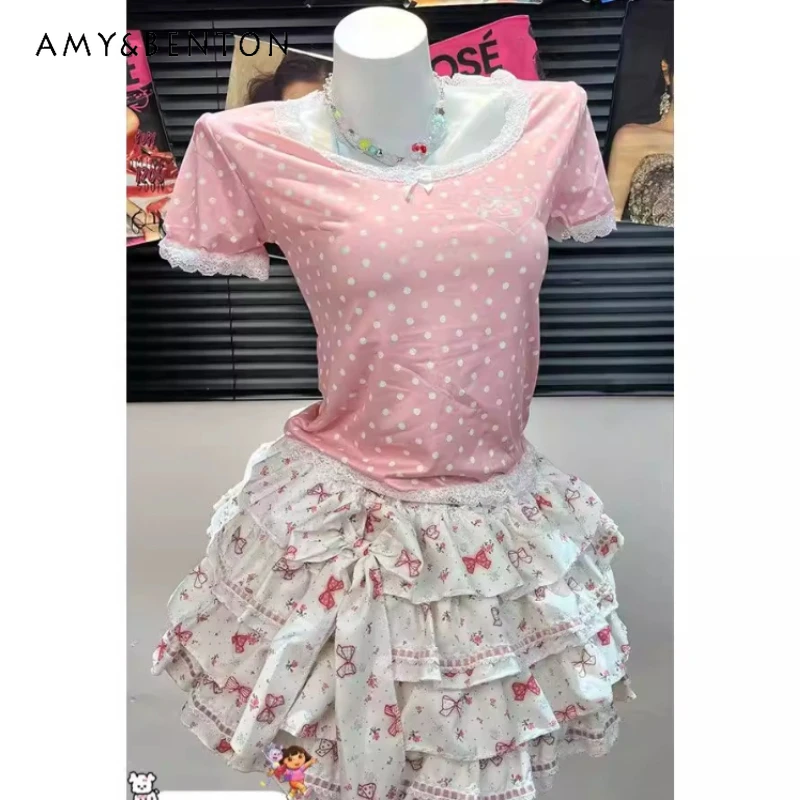 

Original Design Sweet Cool Pink Lace Polka Dot Women's Short-sleeved T-shirt Summer New Hot Girl Y2k Cake Short Skirt Set Ladies