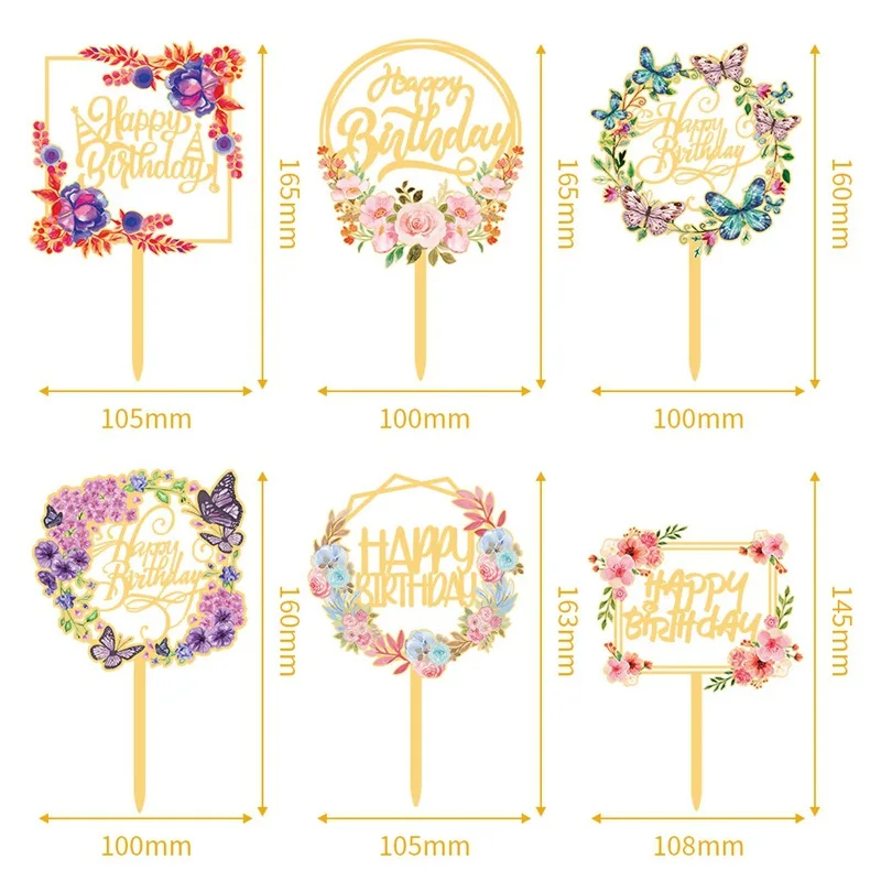 1PC Flower Plant Happy Birthday Cake Topper Gold 3D Acrylic Kids Party Dessert Cake Topper for Baby Shower Cake Gift Decoration