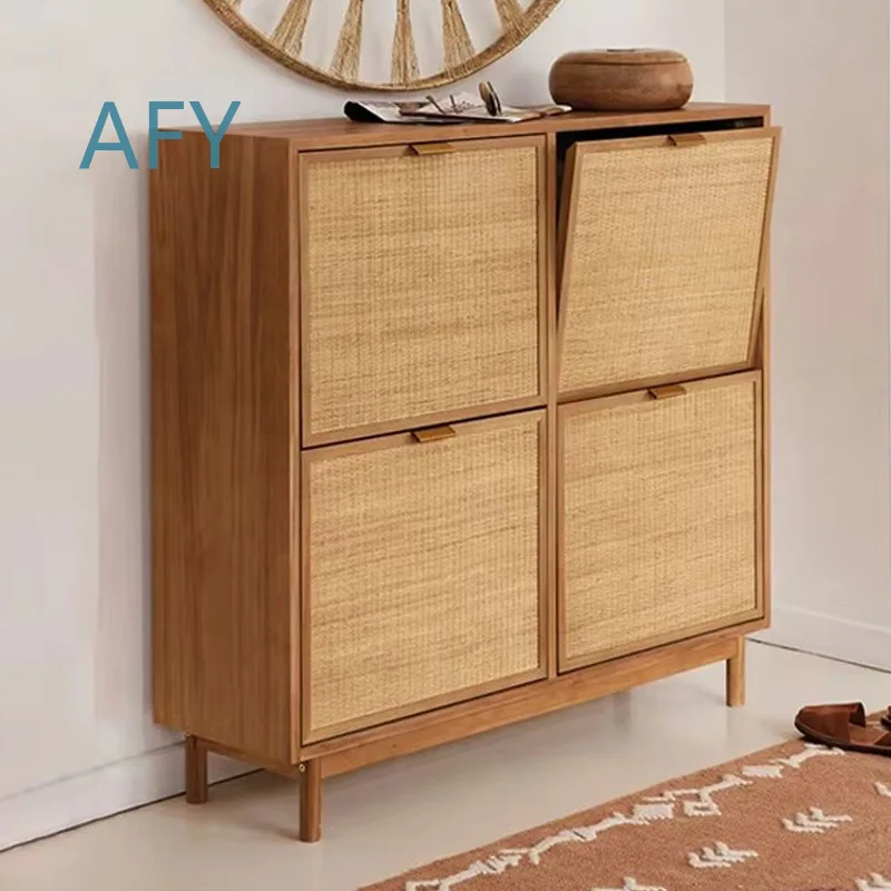 Rattan Surface Shoe Cabinet for Living Room Storage Furniture with Flip Door Independent Space Large Capacity Custom Home