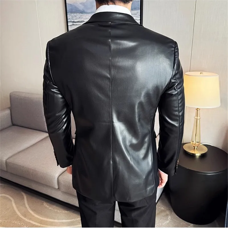 High Quality Leather Jacket Men Single Button Slim Fashion Leather Blazers Male Business Casual Suit Coats Solid PU Outwear Man