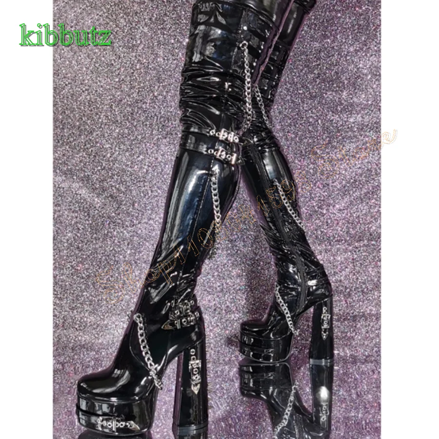 

Black Tight Patent Leather Boots for Women,Thick Soled Round Toe Chunky Heel Over The Knee Boots 2023 New Zapatos Para Mujere