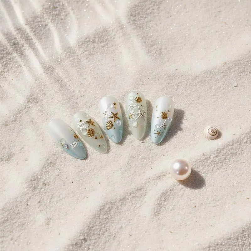 Gold Stamped 3D Self Adhesive Nail Stickers Scallop Conch Starfish Pearl for Nail Art DIY Beginners Use