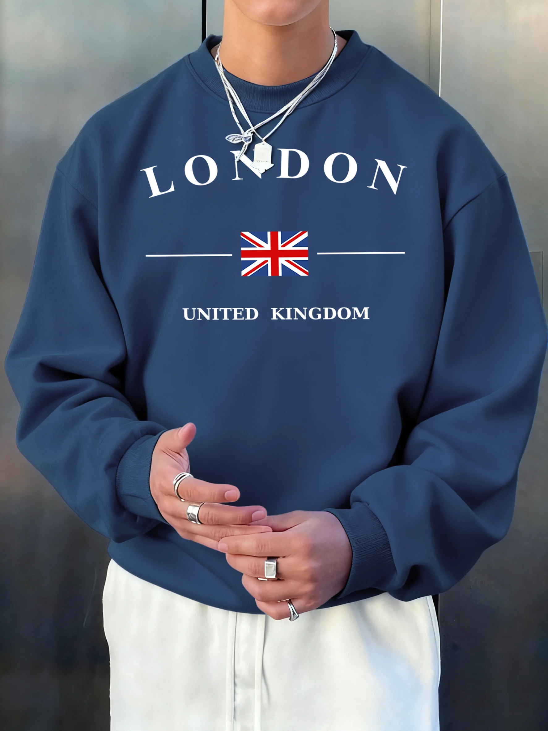 London United Kingdom Flag Print Herren Pullover Herbst O-Ausschnitt Sweatshirt Hip Hop Trendy Top Casual Fleece Sport Basic Langarm